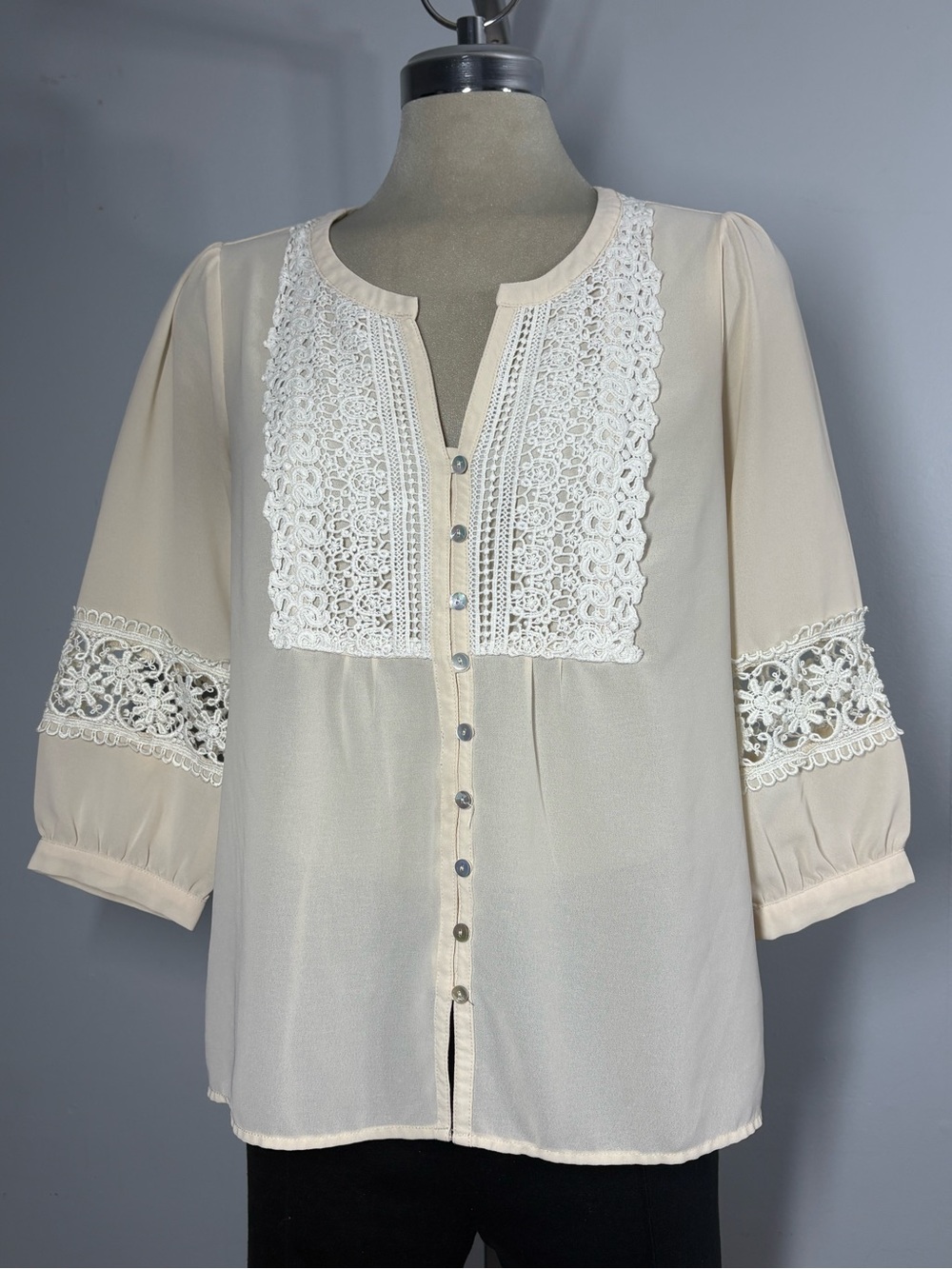Forever 21 Cream Crochet-Trim Button Blouse